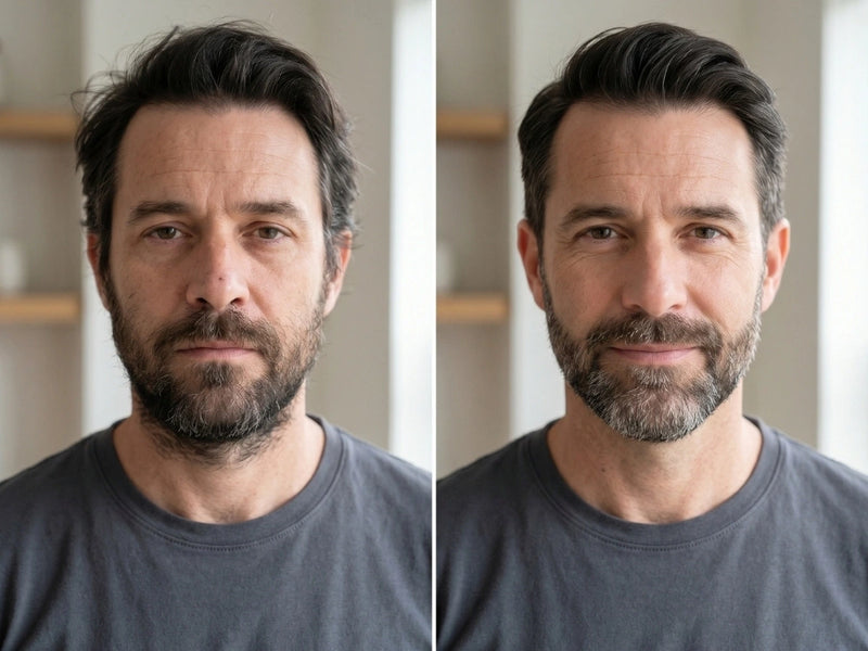 Vorher-Nachher-Bild eines Mannes mit gepflegt getrimmtem Bart und frischerem Erscheinungsbild nach der Anwendung des MOOSOO RS726 Elektrorasierers