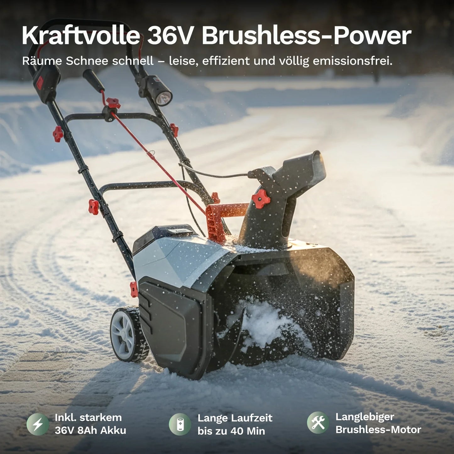 Akku-Schneefräse 36V mit Auswurfhaube und Räumschnecke, staubende Schneeräumung