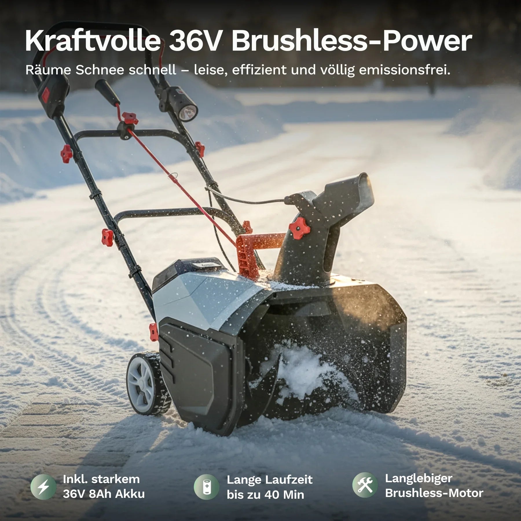 Akku-Schneefräse 36V mit Auswurfhaube und Räumschnecke, staubende Schneeräumung