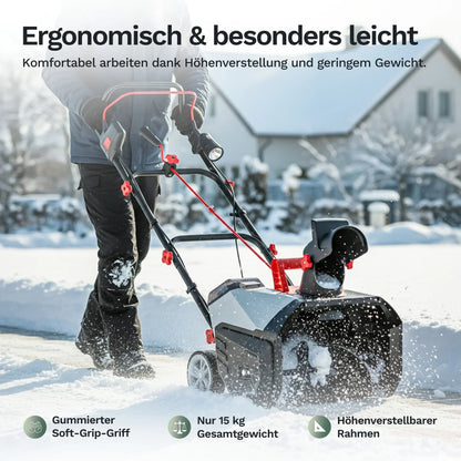 Akku-Schneefräse mit Soft-Grip Griffen und höhenverstellbarem Rahmen am Schubbügel