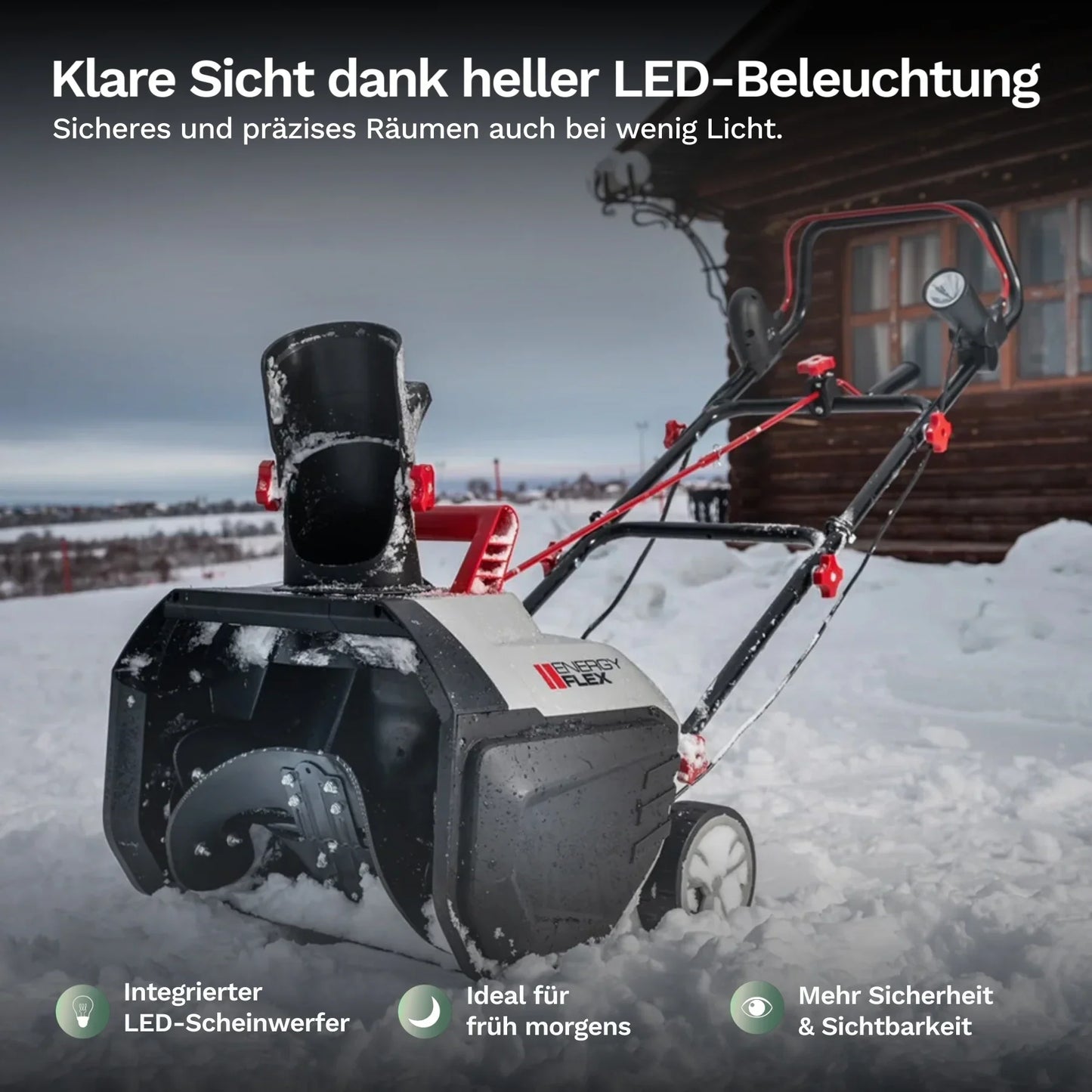 Akku-Schneefräse mit LED-Scheinwerfer am Auswurfgehäuse und Schneeschutz vorne