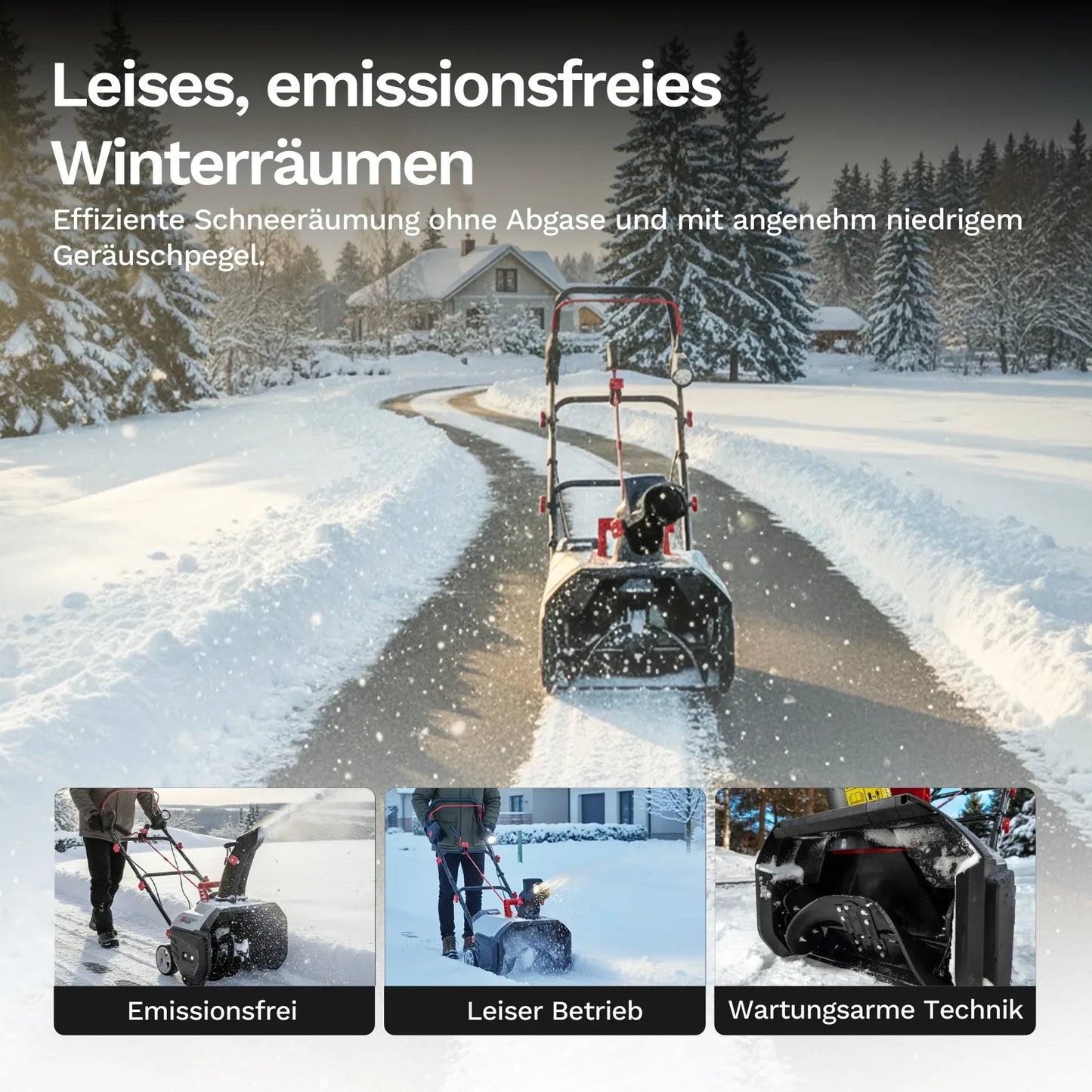 Akku-Schneefräse mit Rädern und Gehäuse, für geräuscharmes Winterräumen