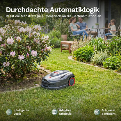 Mähroboter fährt durch den Garten zwischen Beeten, Vorderansicht mit rotem Radring