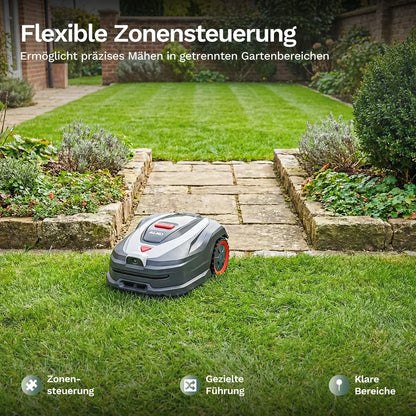 Mähroboter vor einem gepflasterten Weg im Garten, kompakte Form mit roten Akzenten