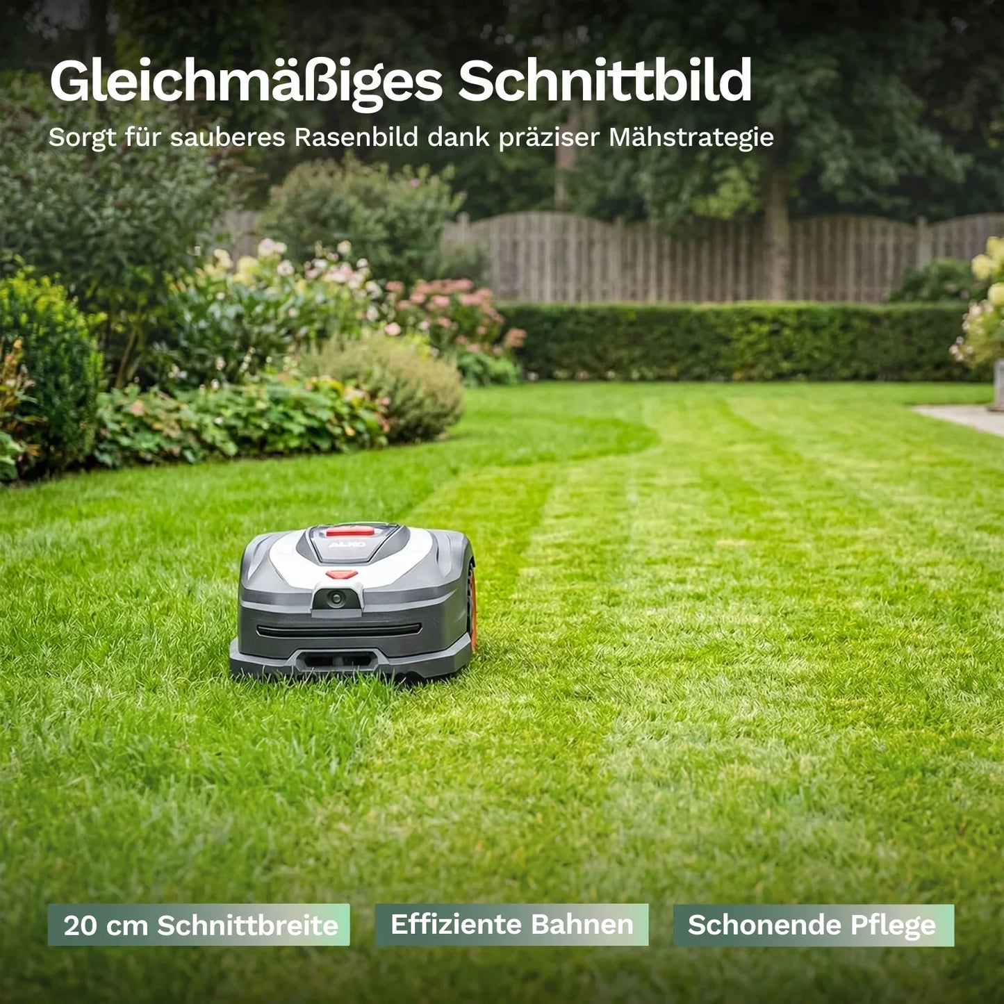 Mähroboter von vorn auf dem Rasen, mit Anzeige am Deckel und roten Bedienelementen