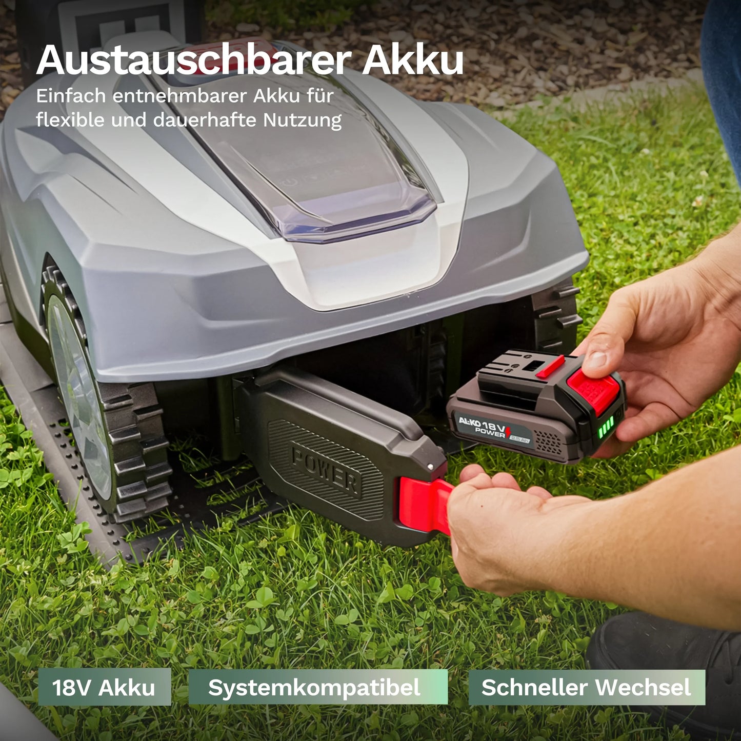 Austauschbarer Akku am Mähroboter Robolinho 500 Vision, Hand setzt 18V-Batterie ein