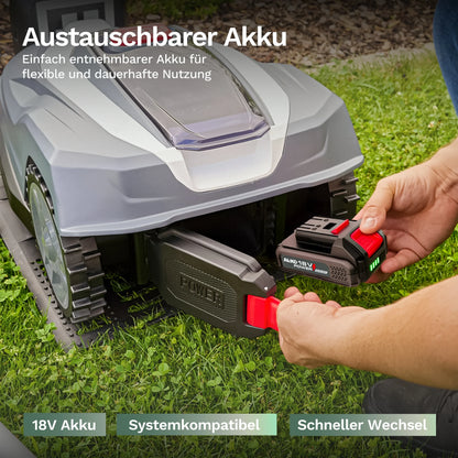 Austauschbarer Akku am Mähroboter Robolinho 500 Vision, Hand setzt 18V-Batterie ein