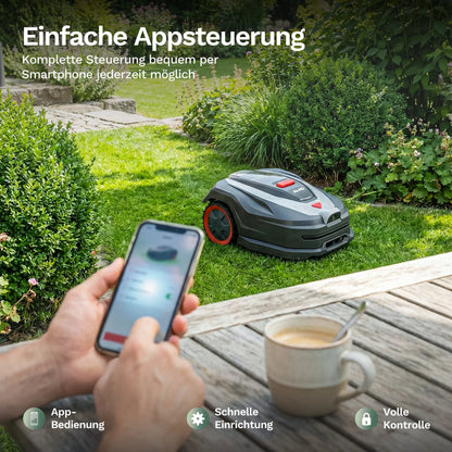 Mähroboter Robolinho 500 Vision am Gartenrand, anthrazit/silber, rote Tasten