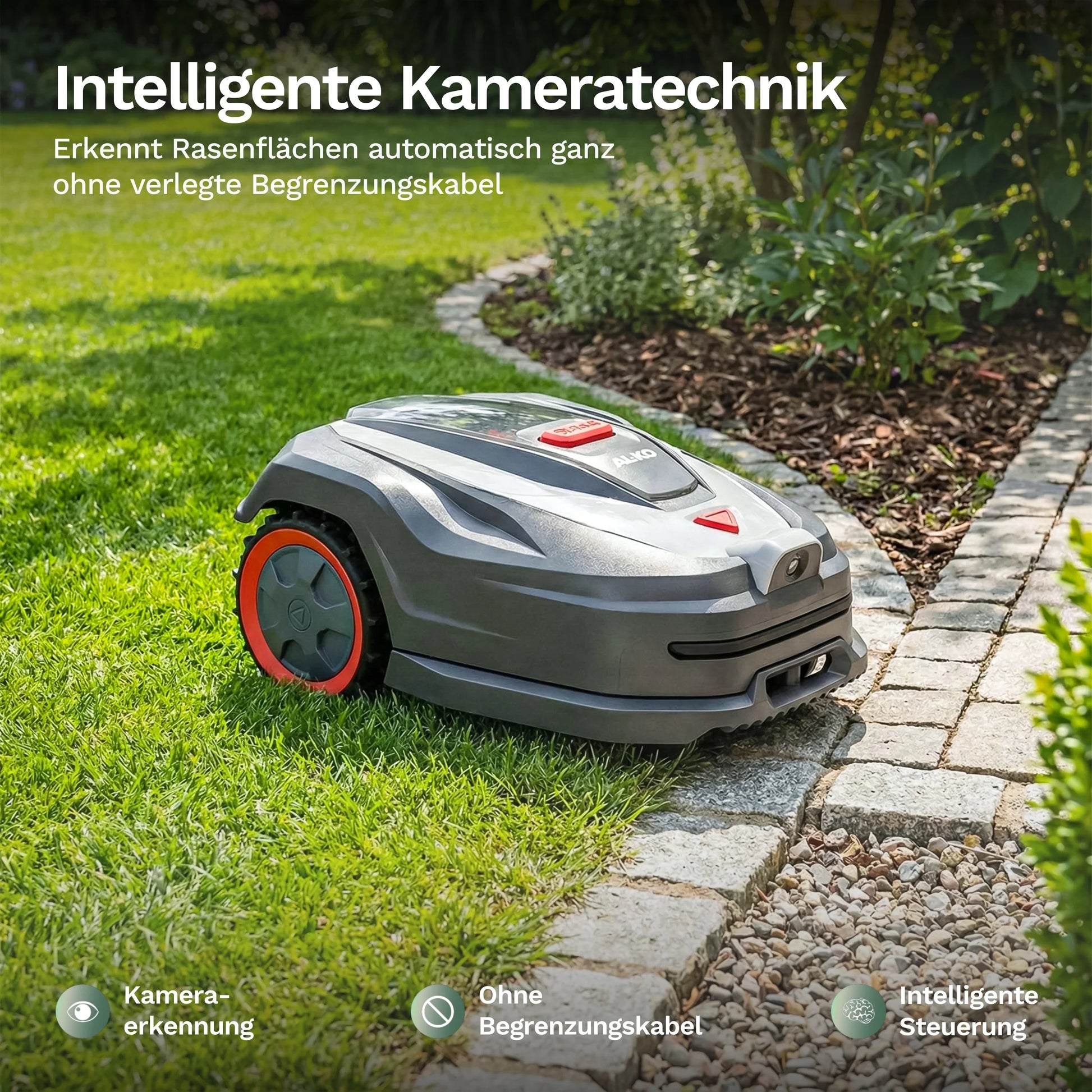 Mähroboter Robolinho 500 Vision, silberne Abdeckung mit rotem Bedienelement