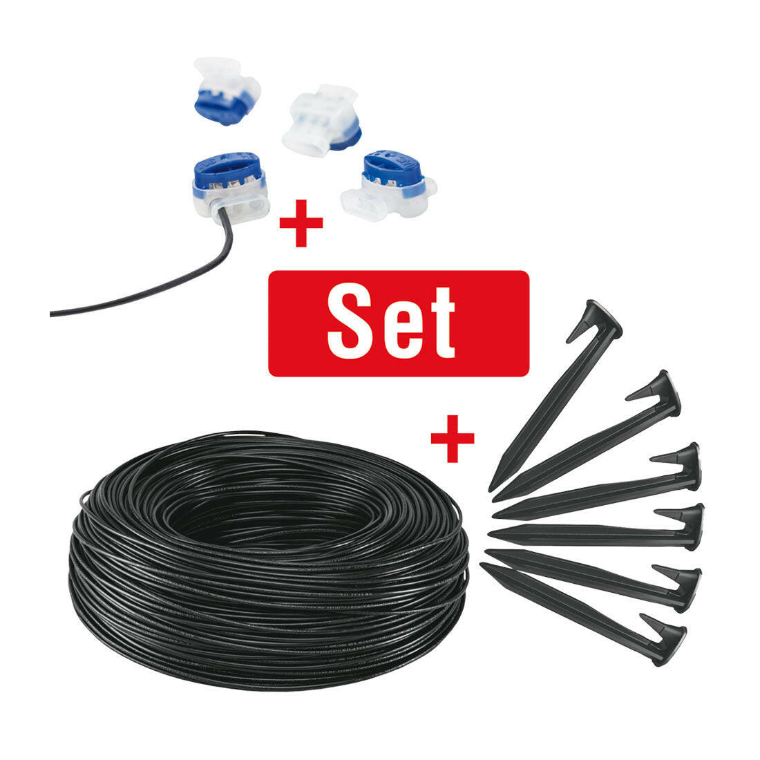 Verlegeset-Set: schwarze Kabelrolle, blaue/weiße Verbinder und Haken-Nägel