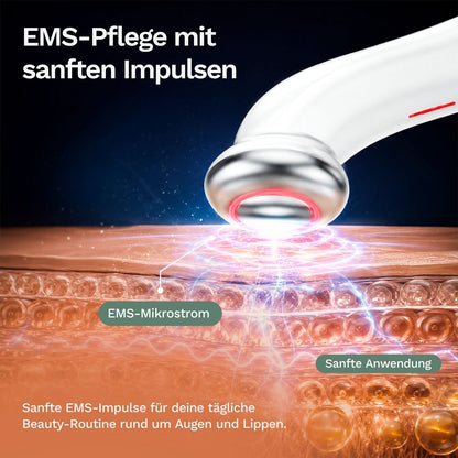 Augenmassagegerät mit sanften EMS-Impulsen, silberfarben, roter LED-Ring am runden Kopf