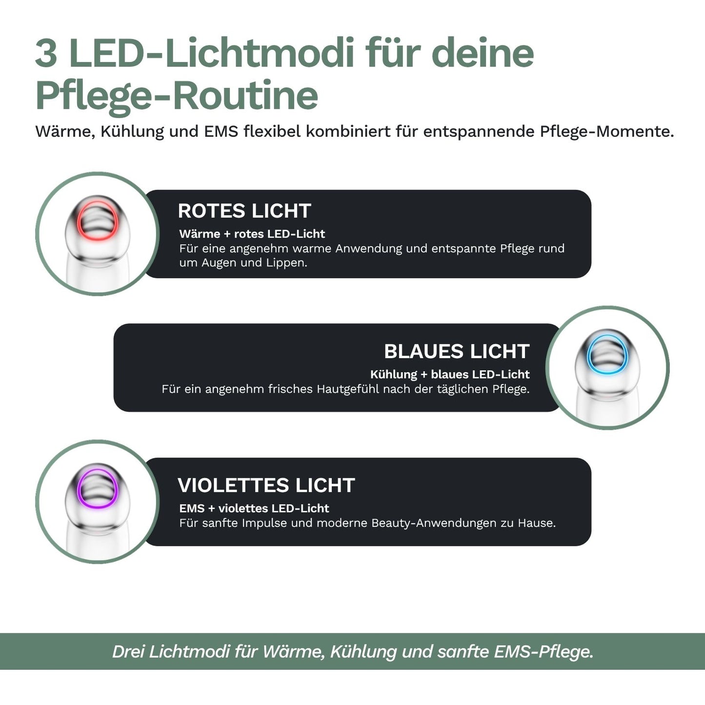 Augenmassagegerät mit LED-Lichtring; violettes, blaues und rotes Licht am Kopf sichtbar