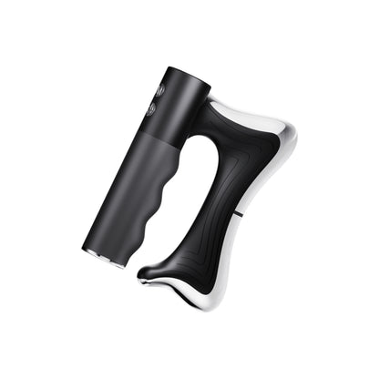 Schwarzes Handgerät mit gebogenem Griff und hellem Rand, Faszienmesser