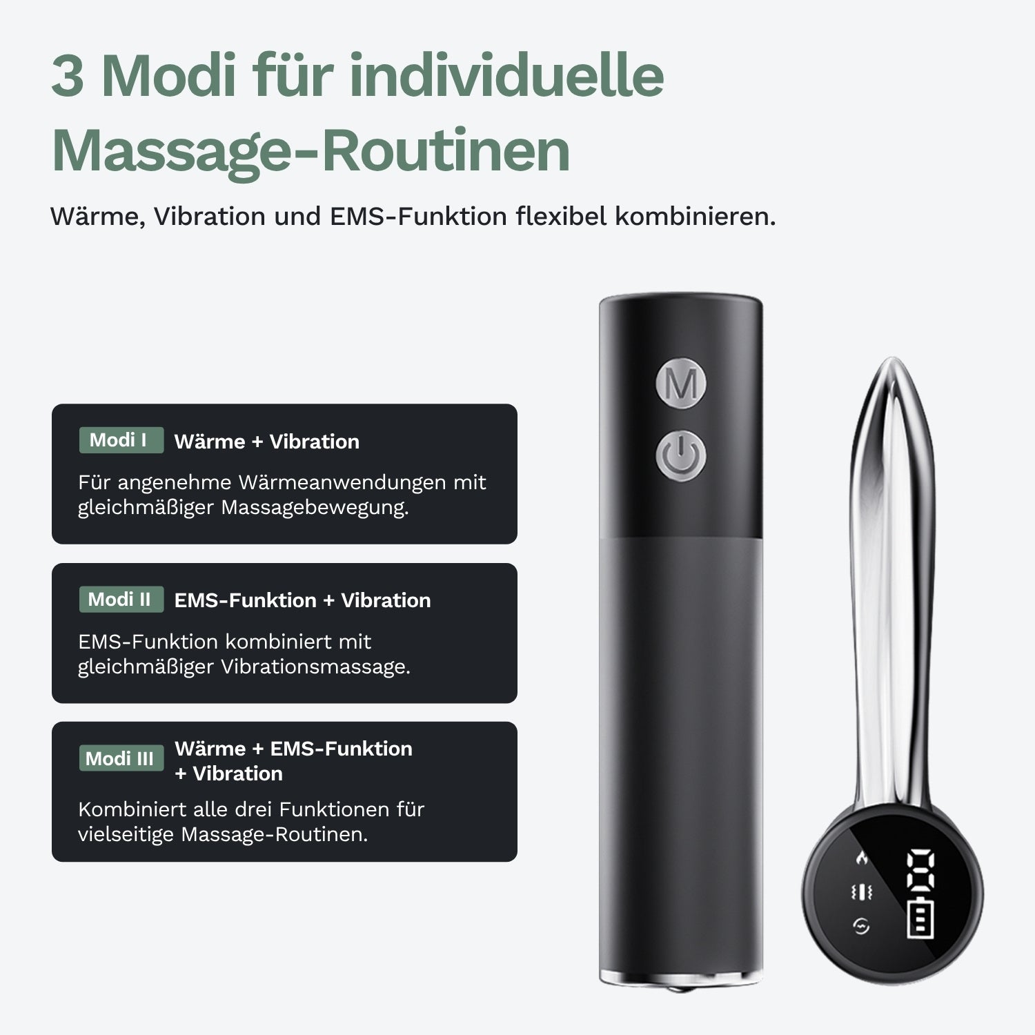 Faszienmesser mit Modi-Auswahl: Wärme, Vibration und EMS am Gerät