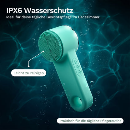 Die Lazurec Care 083 Gesichtsreinigungsbürste in Teal bietet Wärme- und Kühlfunktion, ist IPX6-wasserdicht, leicht zu reinigen und ideal für die tägliche Gesichtspflege im Bad.