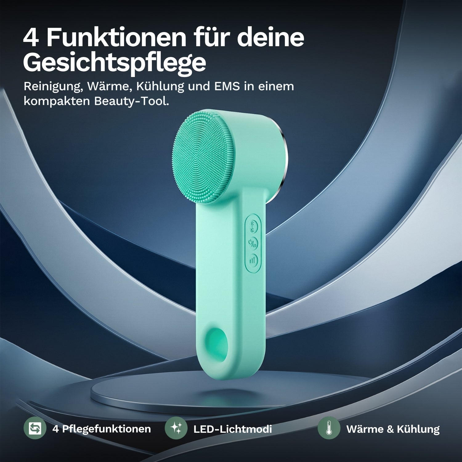 Die Lazurec Care 083 Gesichtsreinigungsbürste mit Wärme- & Kühlfunktion steht auf einem blauen Podest. Deutsche Texte und Icons zeigen vier Funktionen: Reinigung, EMS, LED-Lichtmodi sowie Temperaturauswahl.