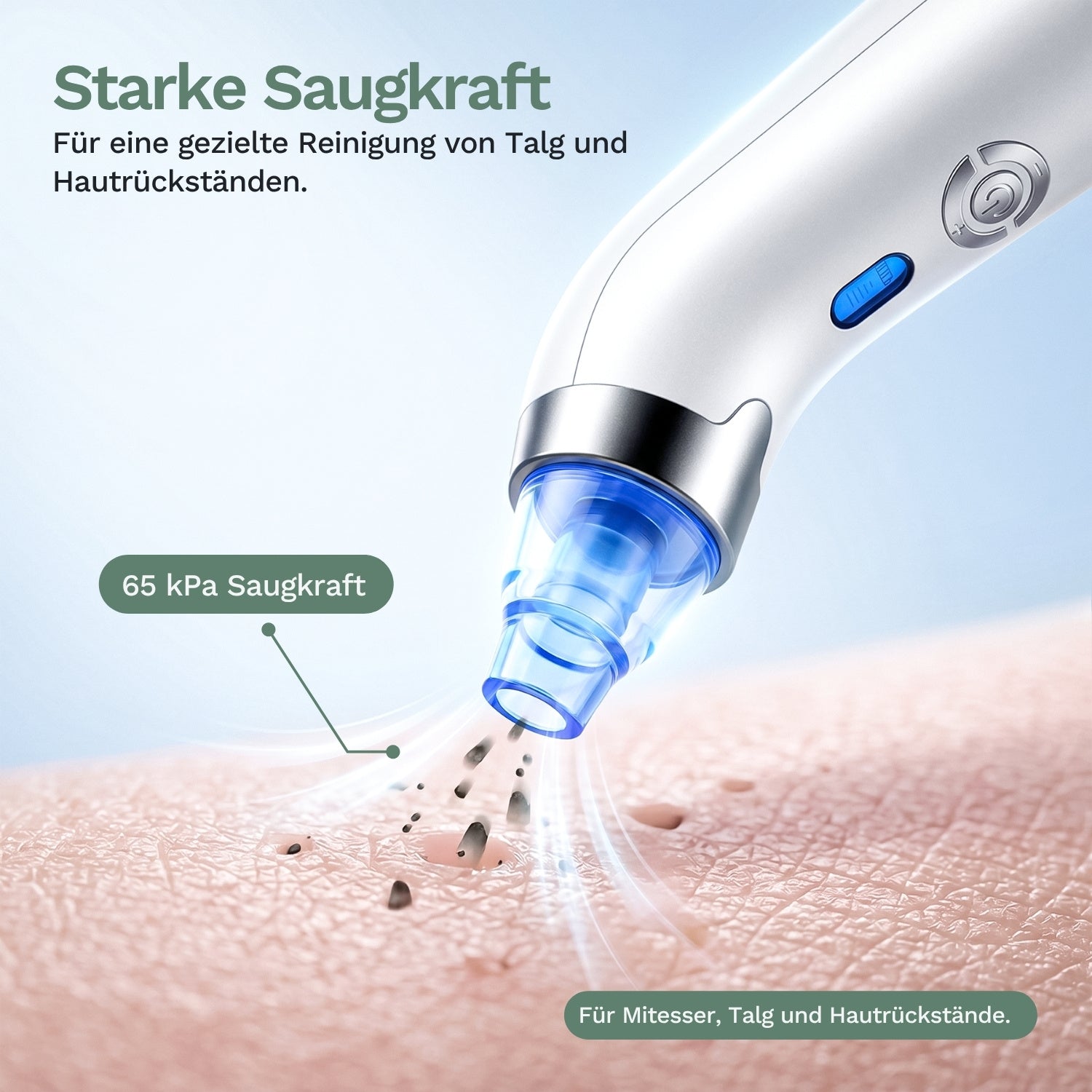 Porenreiniger für Gesicht über Haut, blauer Saugkopf und angesaugte Partikel