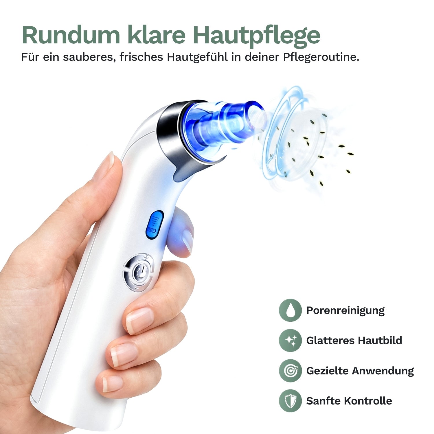 Porenreiniger für Gesicht, weißes Handgerät mit Düse und Saugaufsatz