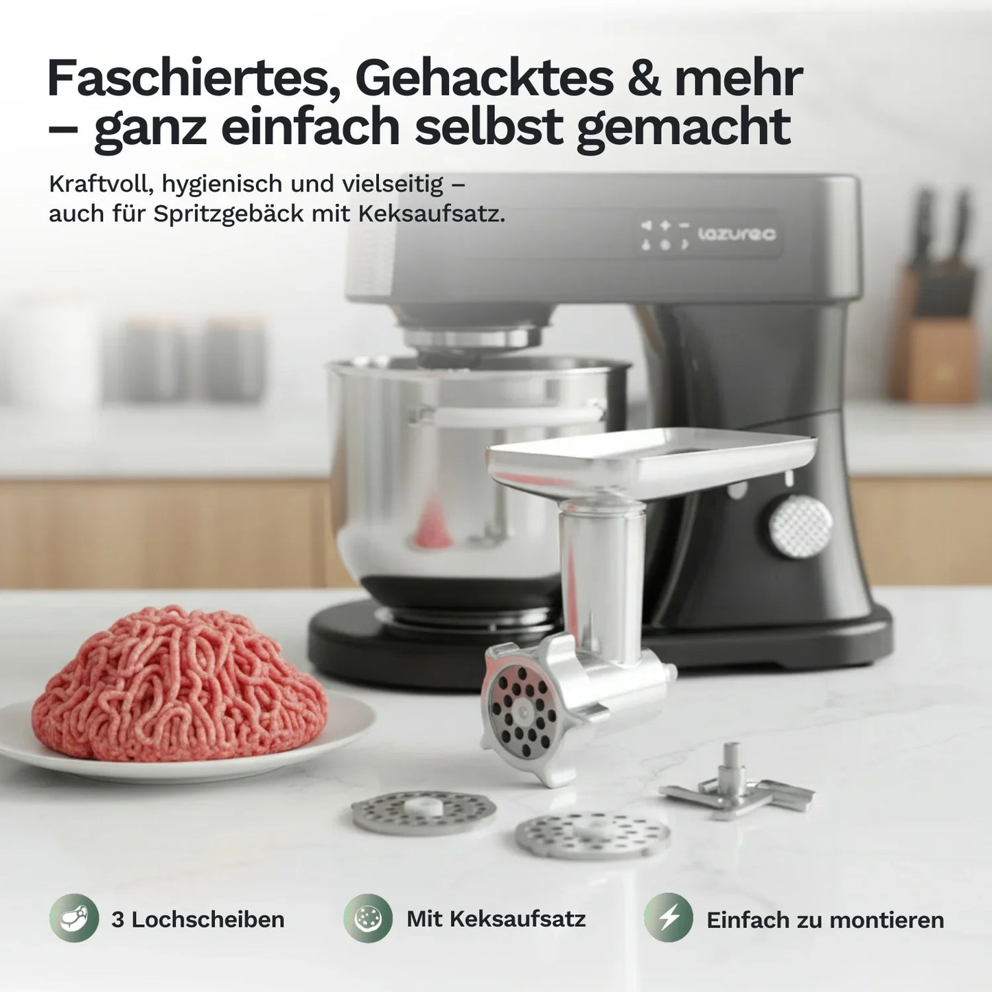 Lazurec Fleischwolf-Aufsatz mit Lochscheiben und Keksaufsatz am Mixer