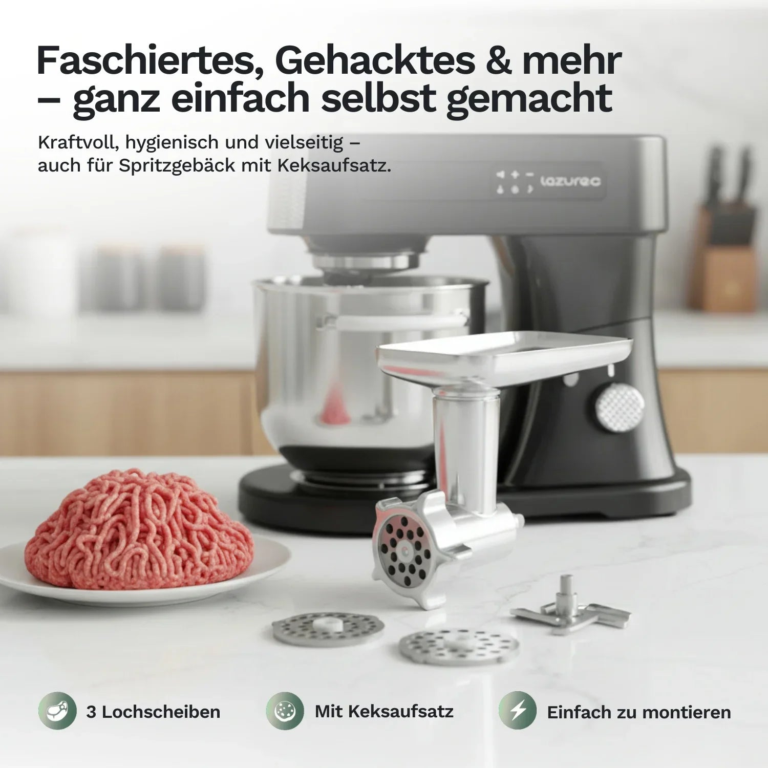 Lazurec Fleischwolf-Aufsatz mit Lochscheiben und Keksaufsatz am Mixer