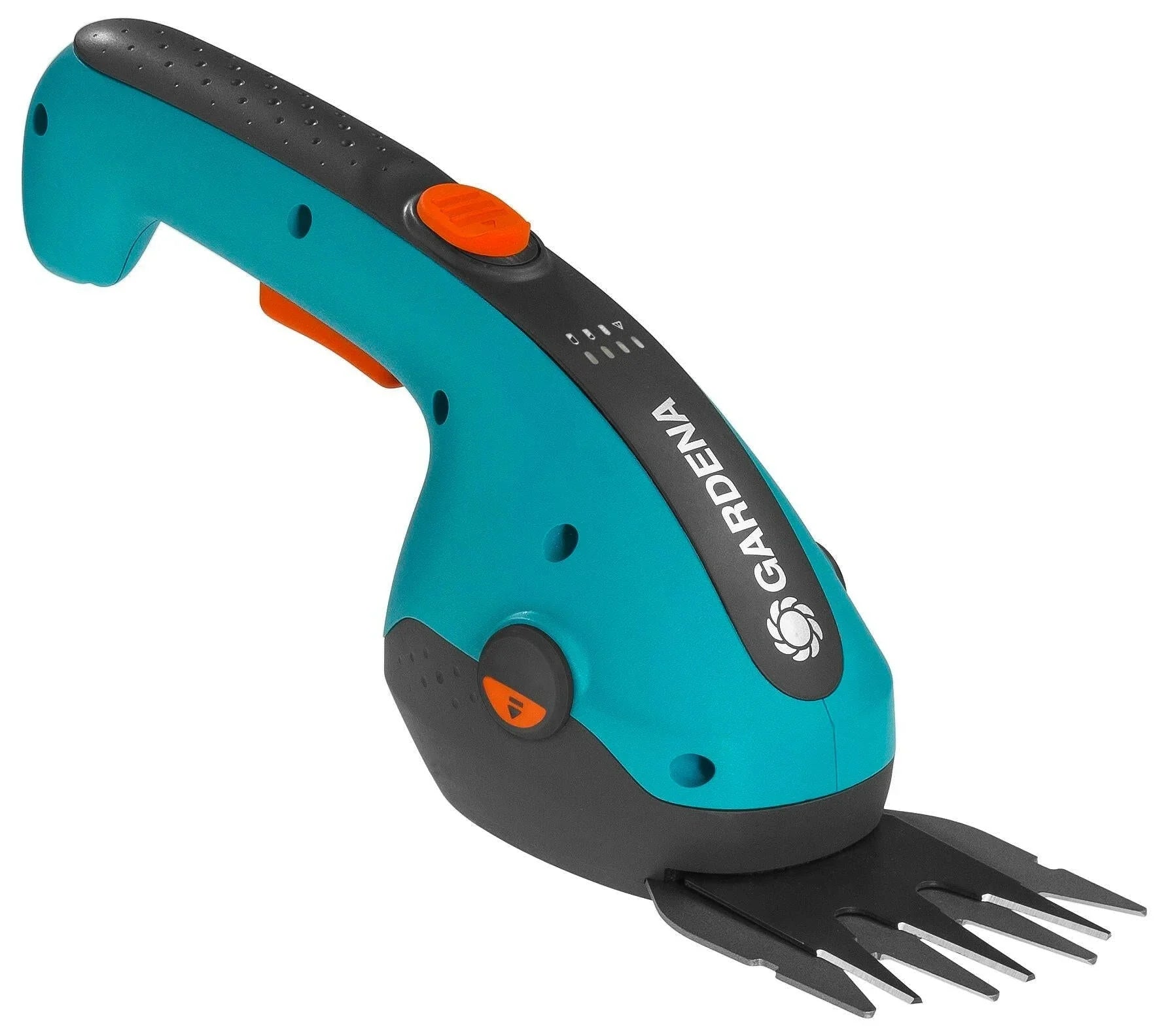 Akku-Grasschere ClassicCut in Türkis und Schwarz mit orangefarbenem Schalter
