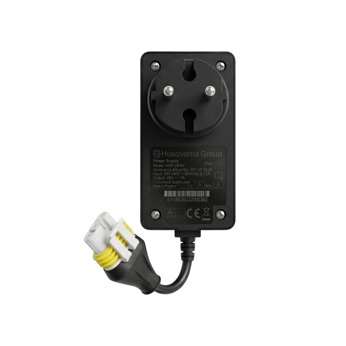 Netzteil-Rückseite mit Typenschild und EU-Stecker, Anschlusskabel mit Stecker