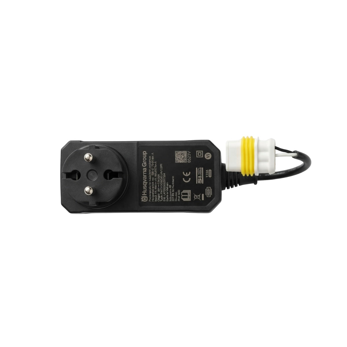 Netzteil mit EU-Stecker, Stiftkontakt-Ansicht und gelb geriffelter Kabelkupplung