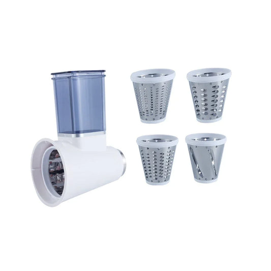 Gemüseschneider mit Vorratsbehälter und 4 Einsatzaufsätzen, weiß/blau