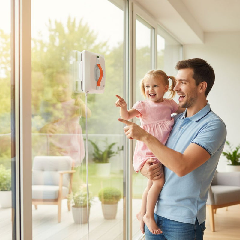 Vater hält sein Kind und zeigt auf einen automatischen Fensterreiniger, der die Glasscheibe säubert.