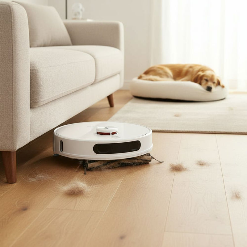 Saugroboter reinigt Tierhaare unter dem Sofa, während ein Hund entspannt im Hintergrund liegt.