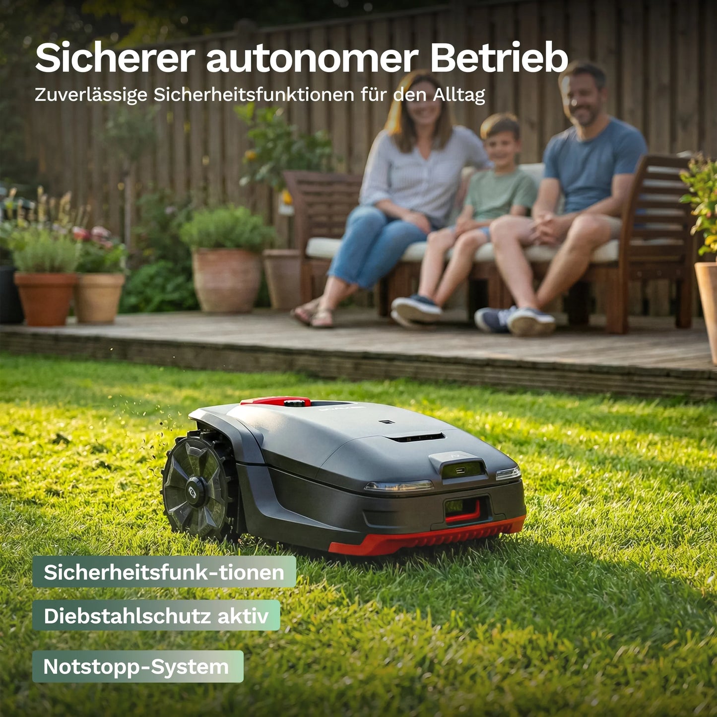 Mähroboter H1 von hinten, mit roten Akzenten und Sicherheits-/Serviceklappe