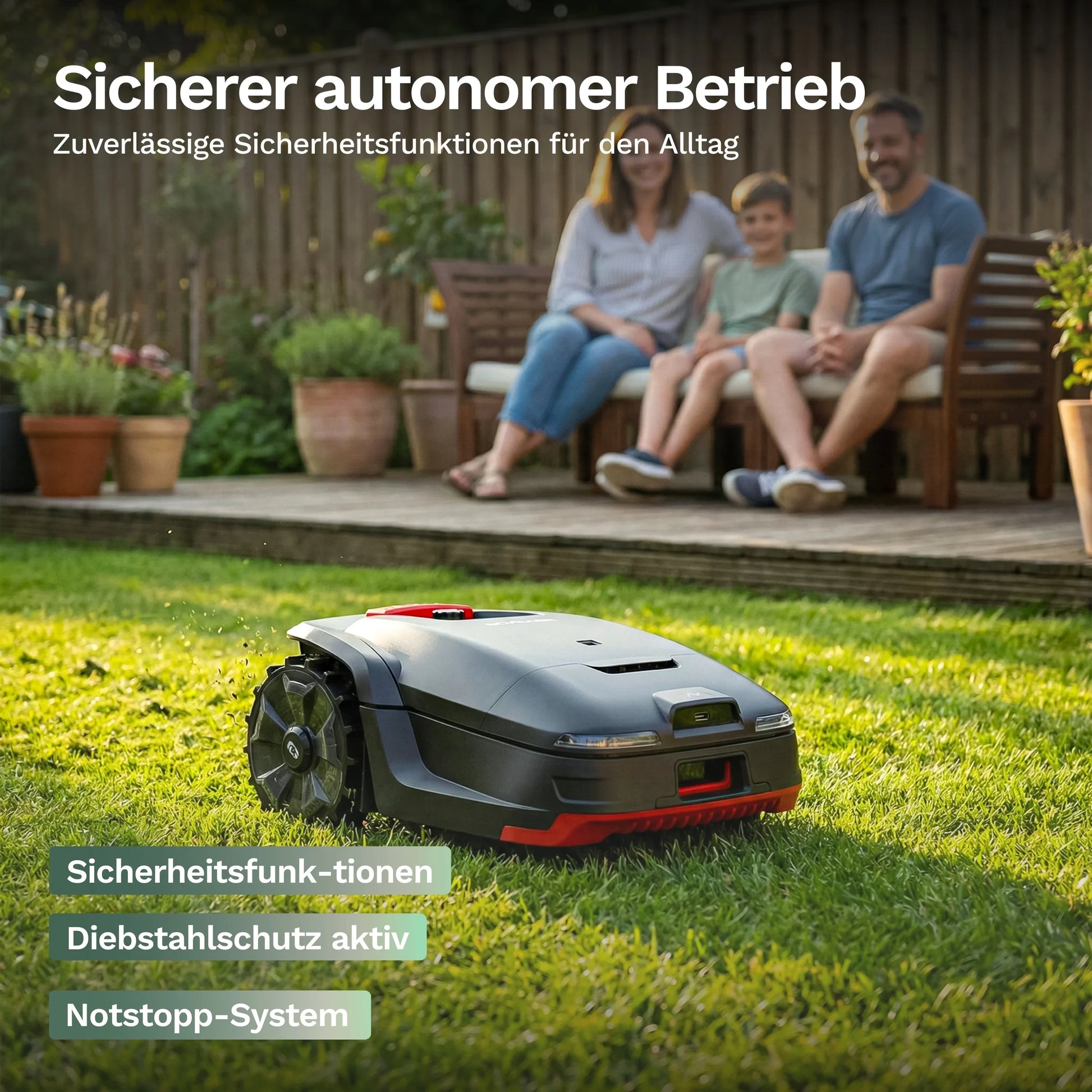 Mähroboter H1 von hinten, mit roten Akzenten und Sicherheits-/Serviceklappe