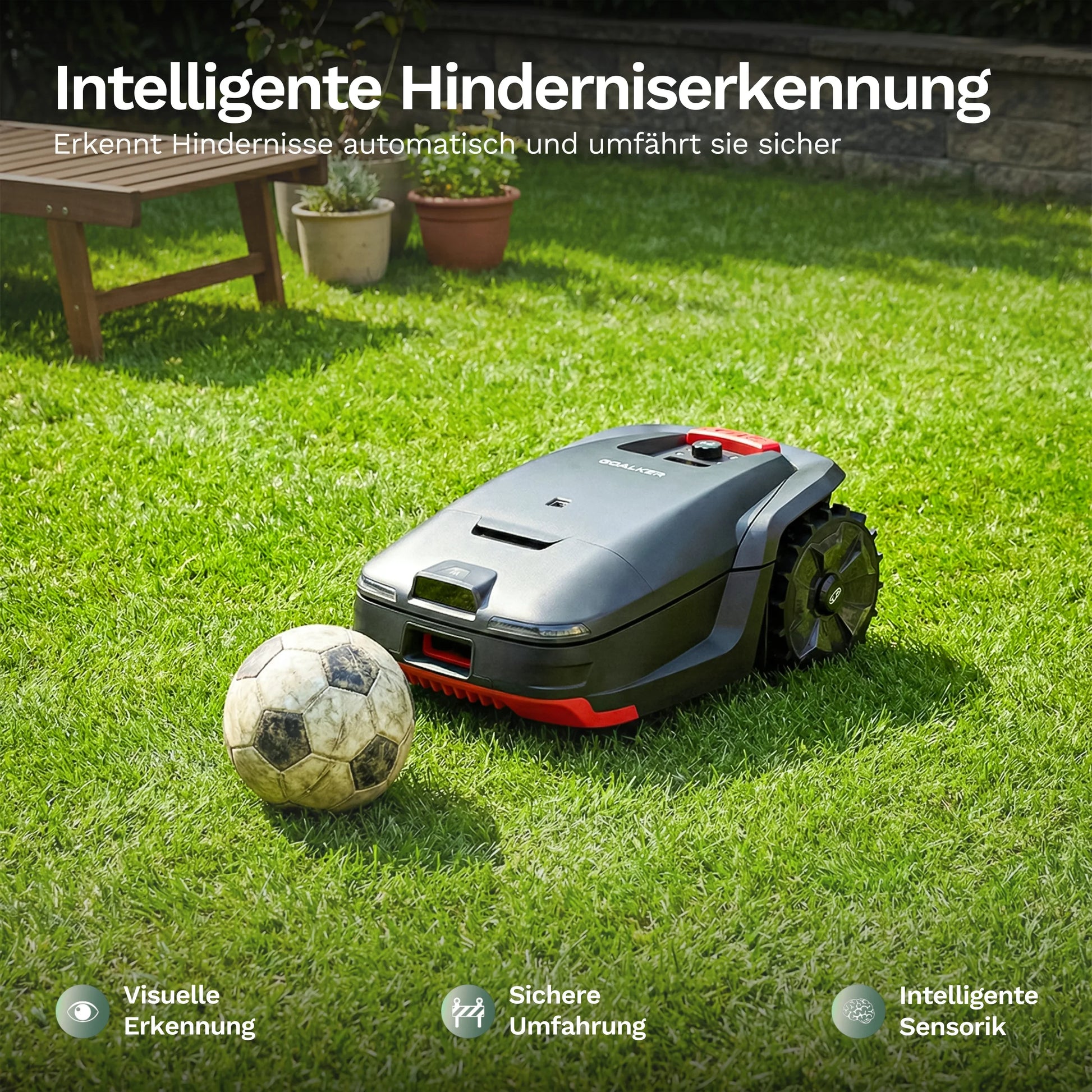 Mähroboter H1 neben einem Ball, mit Frontsensor und robustem Unterfahrschutz