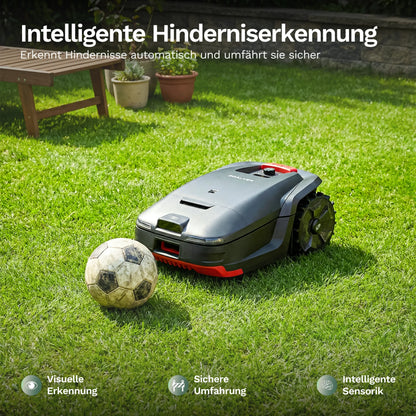 Mähroboter H1 neben einem Ball, mit Frontsensor und robustem Unterfahrschutz