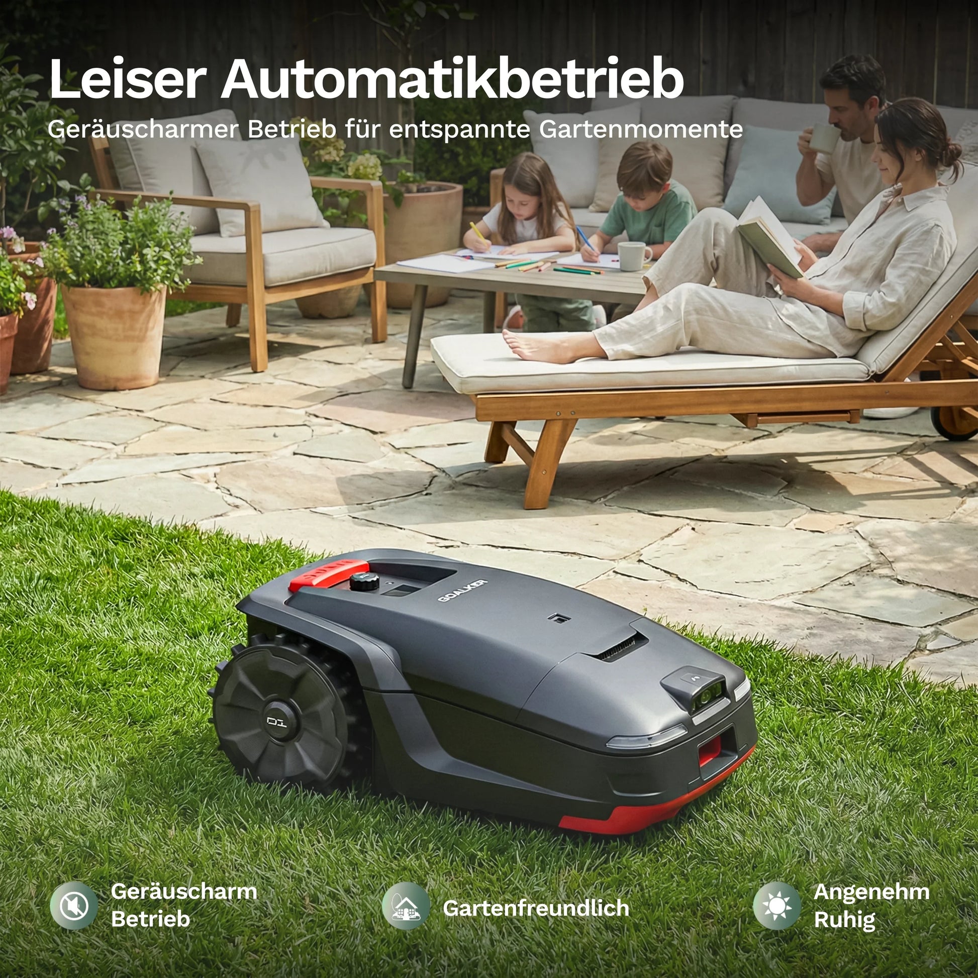 Mähroboter H1 auf Rasen, von der Seite mit rotem Bedienelement und Klappe