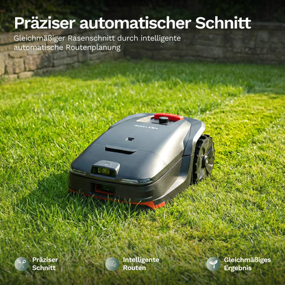 Mähroboter H1 auf Rasen, mit vorderem Sensorbereich und seitlichen Rädern