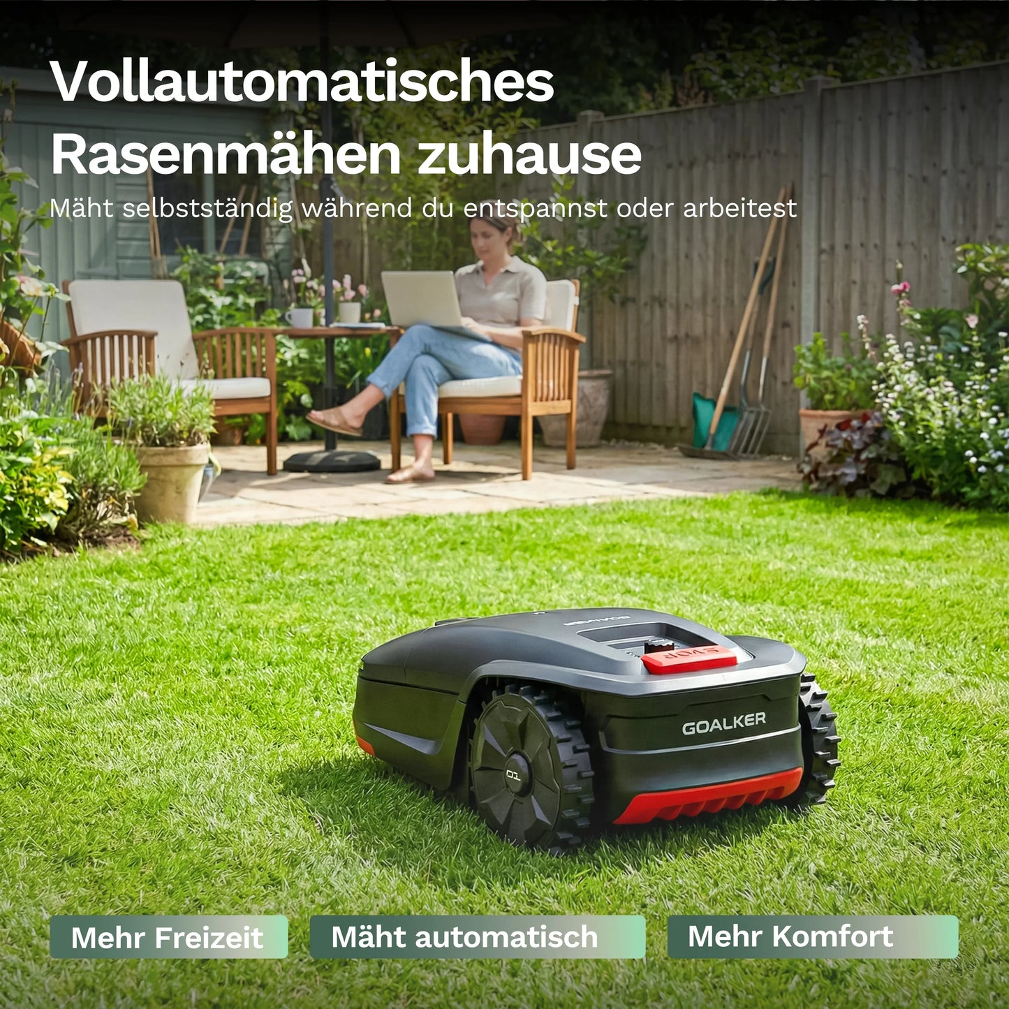Mähroboter H1 auf Rasen, Oberseite mit Display und rotem Schalter