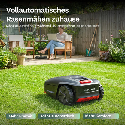 Mähroboter H1 auf Rasen, Oberseite mit Display und rotem Schalter