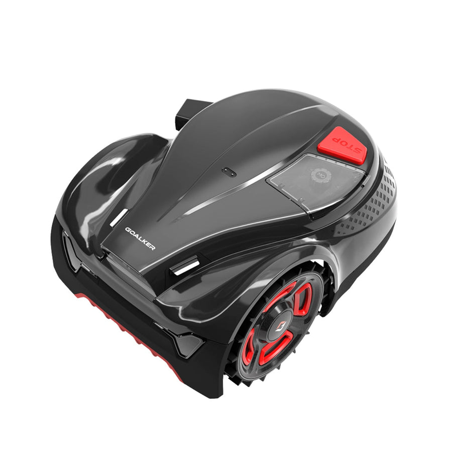 Goalker H3 Pro – Mähroboter ohne Begrenzungskabel in Schwarz-Grau mit rotem STOP-Knopf, Frontansicht
