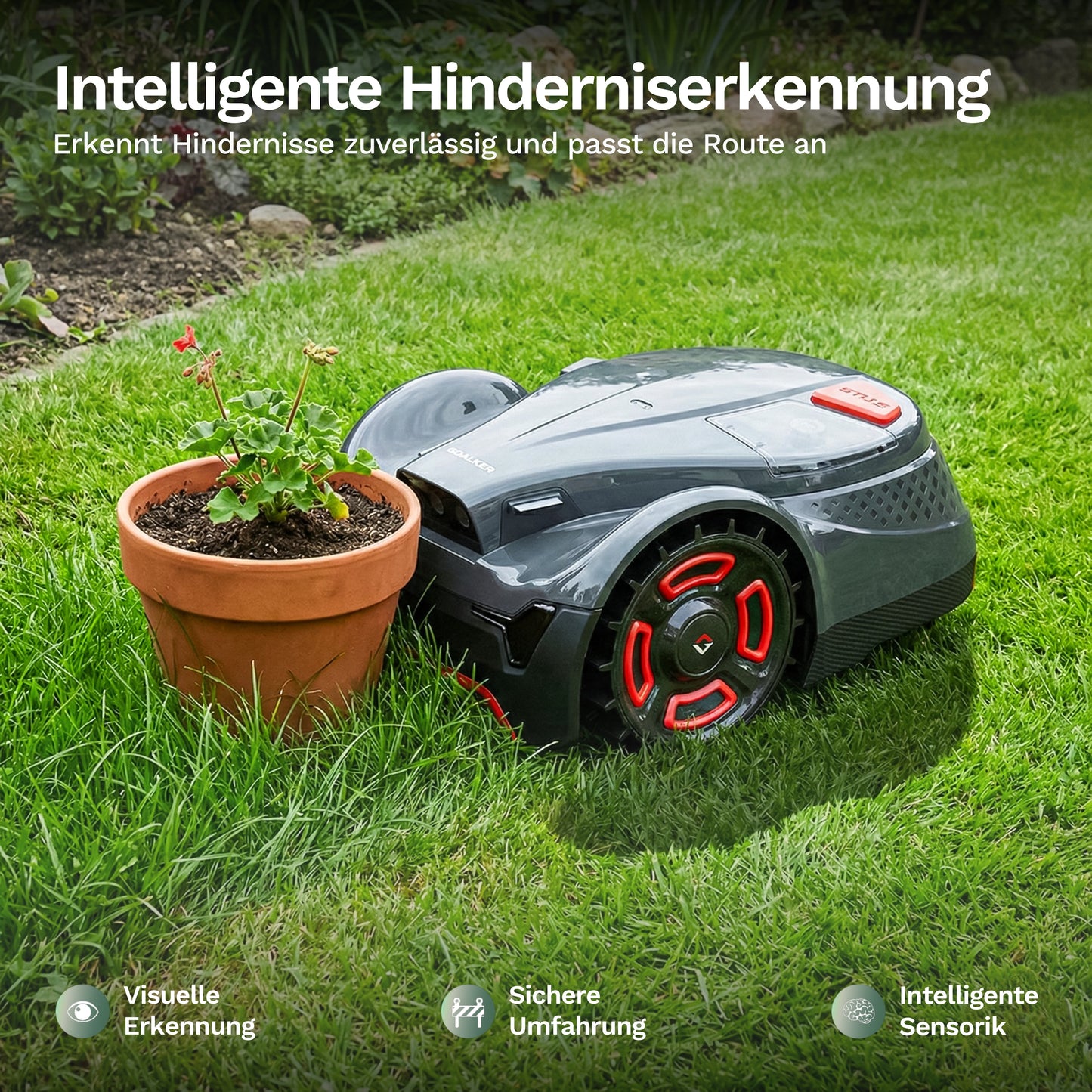 Mähroboter H3+ grau mit roten Rädern, Frontsensor und seitlichen Schutzkanten