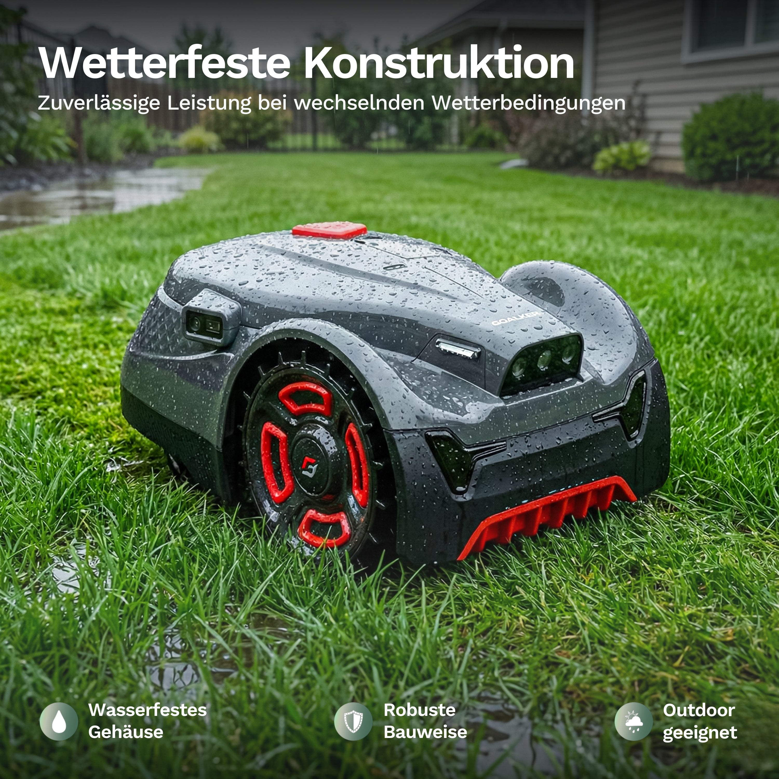 Wetterfester Mähroboter ohne Begrenzungskabel: Goalker H3 Pro mit Wassertropfen am Gehäuse