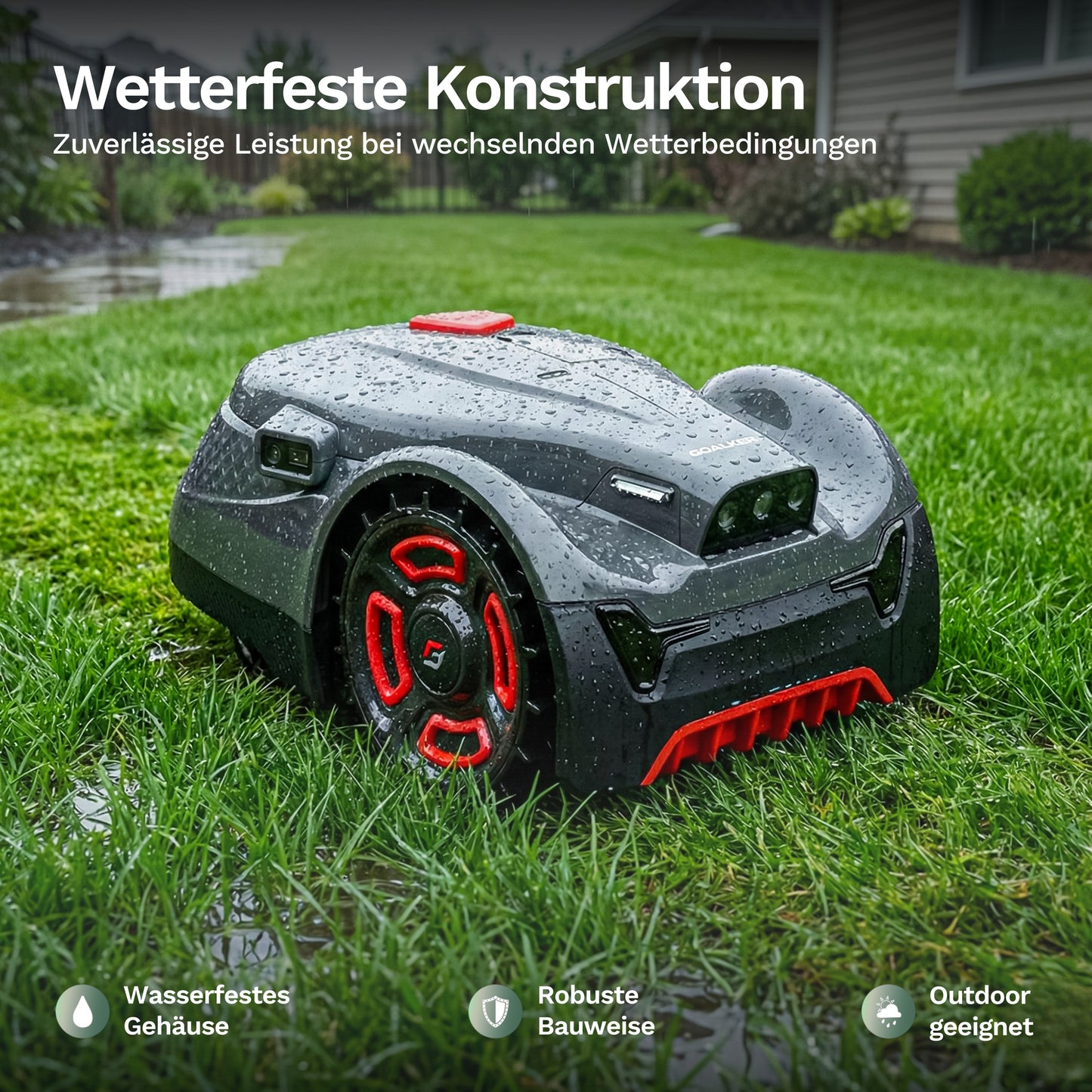 Mähroboter H3+ mit Wassertropfen am Gehäuse, rotem Stoßschutz und roten Rädern