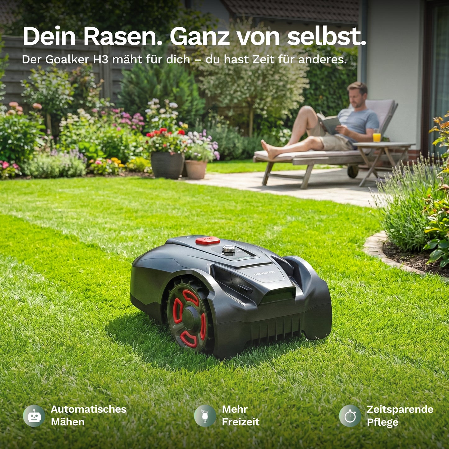 Goalker H3 Mähroboter auf Rasen, kompakte Front mit roter Starttaste