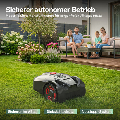 Goalker H3 Mähroboter mit Sicherheits-/Bedienelementen oben, Räder vorn sichtbar