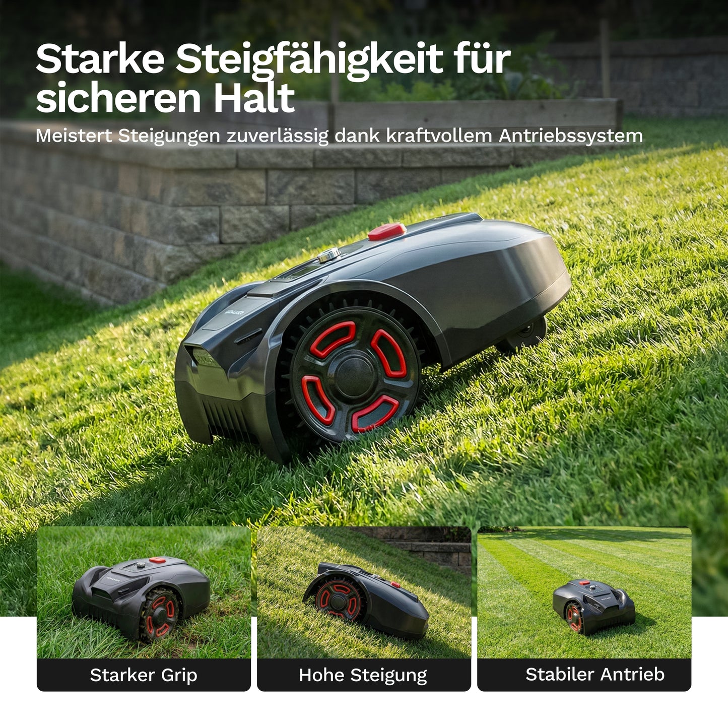 Goalker H3 Mähroboter seitlich, große Räder mit roten Einfassungen