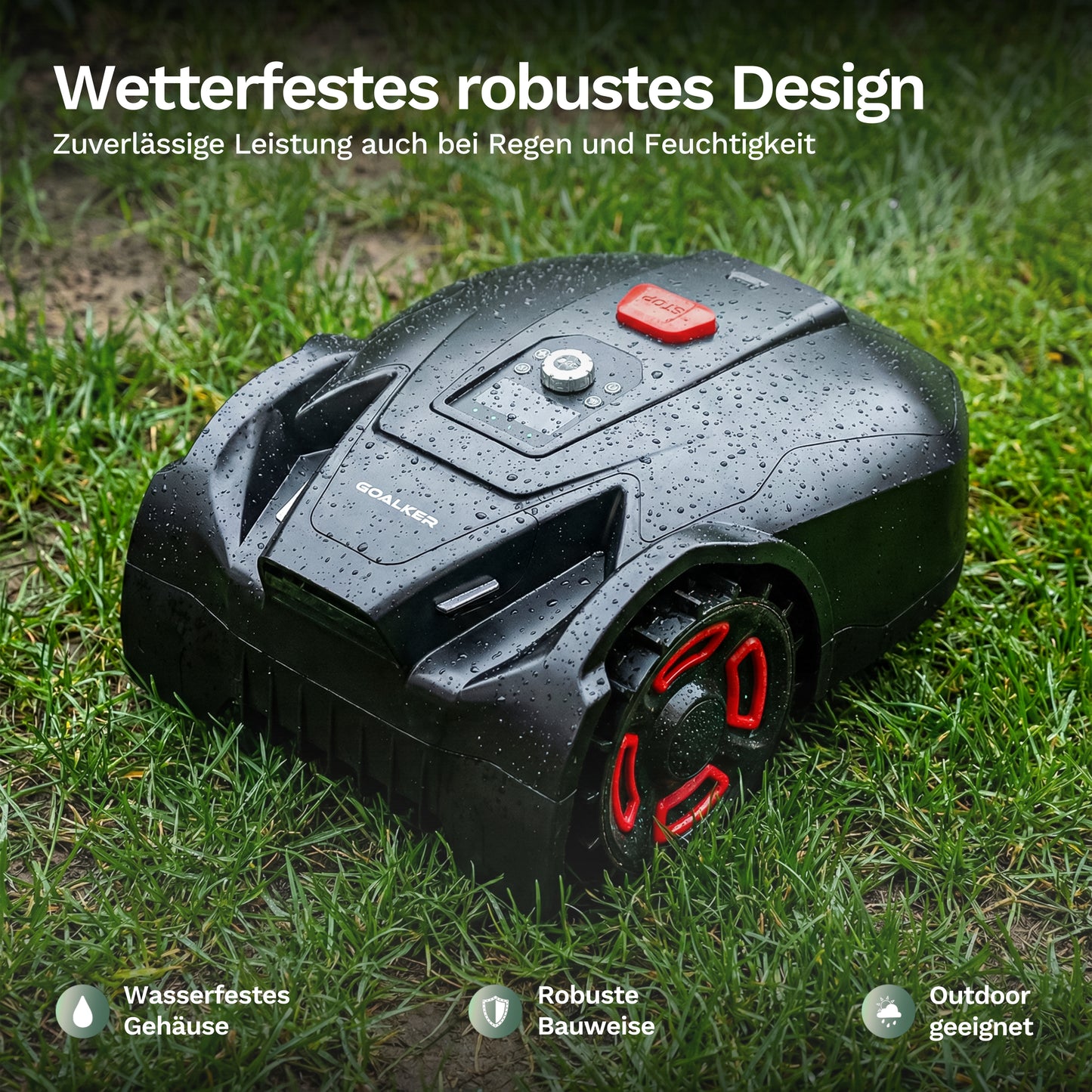 Goalker H3 Mähroboter mit Wassertropfen am Gehäuse, Bedienfeld mit roter Taste