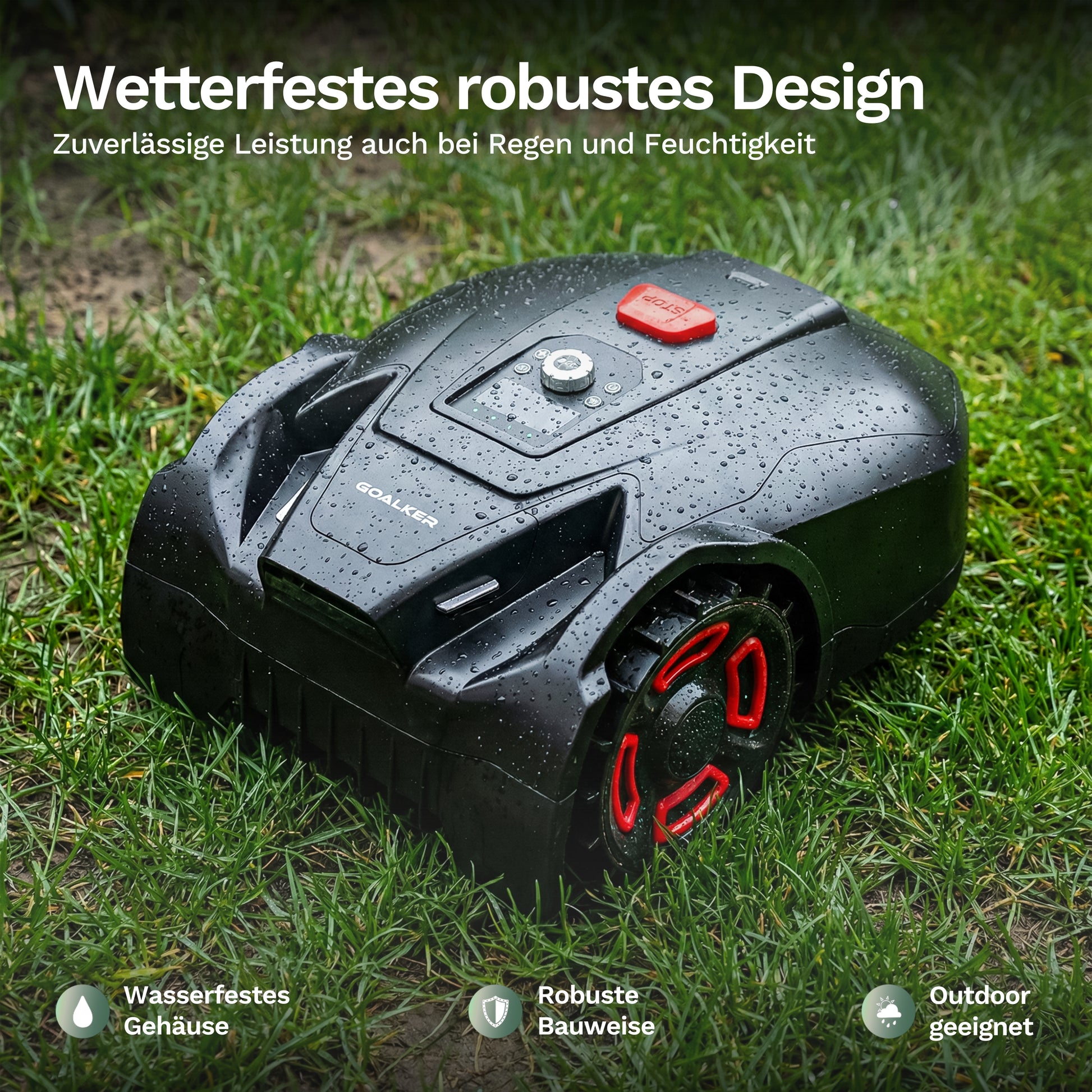 Goalker H3 Mähroboter mit Wassertropfen am Gehäuse, Bedienfeld mit roter Taste