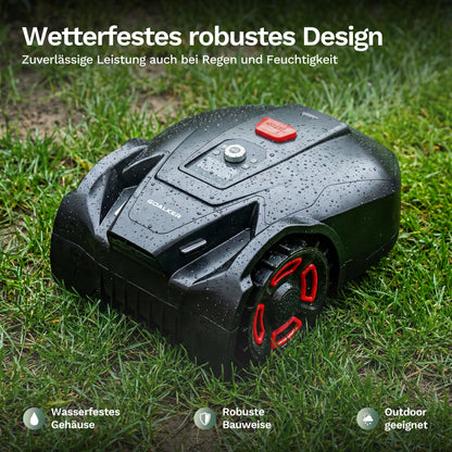 Goalker H3 Mähroboter mit Wassertropfen am Gehäuse, Bedienfeld mit roter Taste