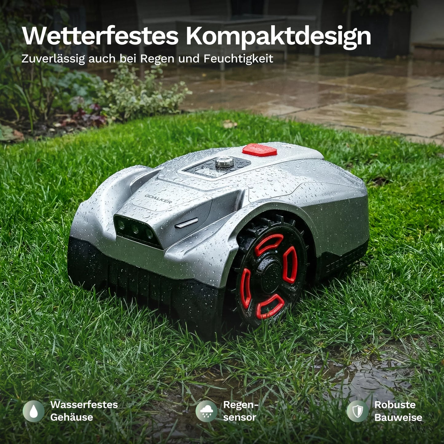 Goalker H5 Mähroboter mit Wasserperlen am silbernen Gehäuse und roter Taste