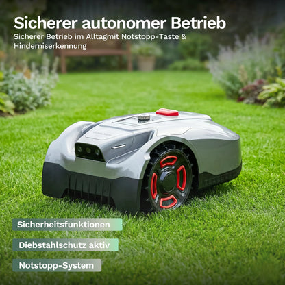 Goalker H5 Mähroboter mit Sicherheits-/Bedienbereich, rotem Knopf und schwarzer Front
